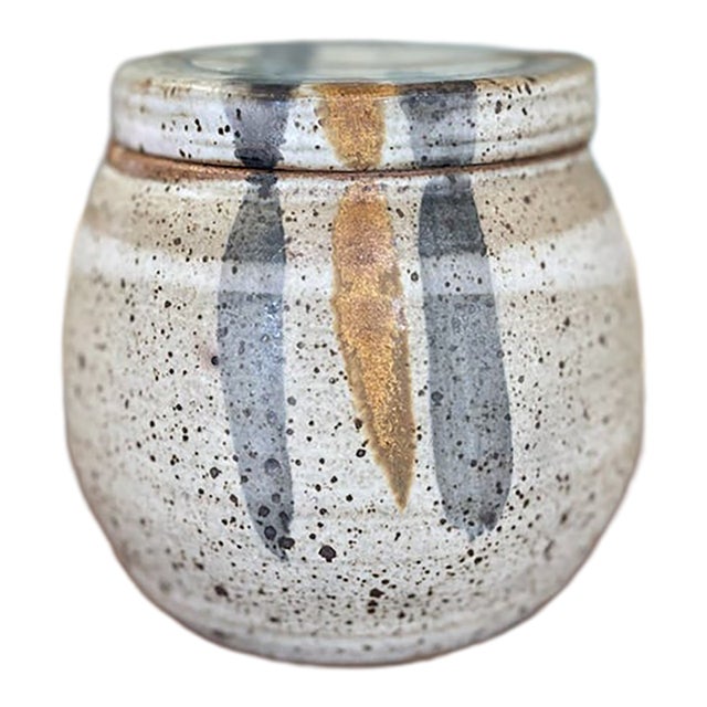 Signed 1978 Studio Pottery Jar by Alice - Hand-Thrown Speckled Stoneware With Painted Lid and Cobalt Glazed Interior. For Sale