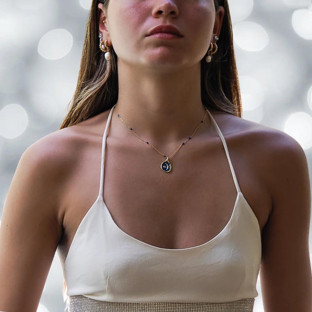 Tourmaline Stone Blue Moon Gold & Enamel Chain Necklace For Sale - Image 4 of 8