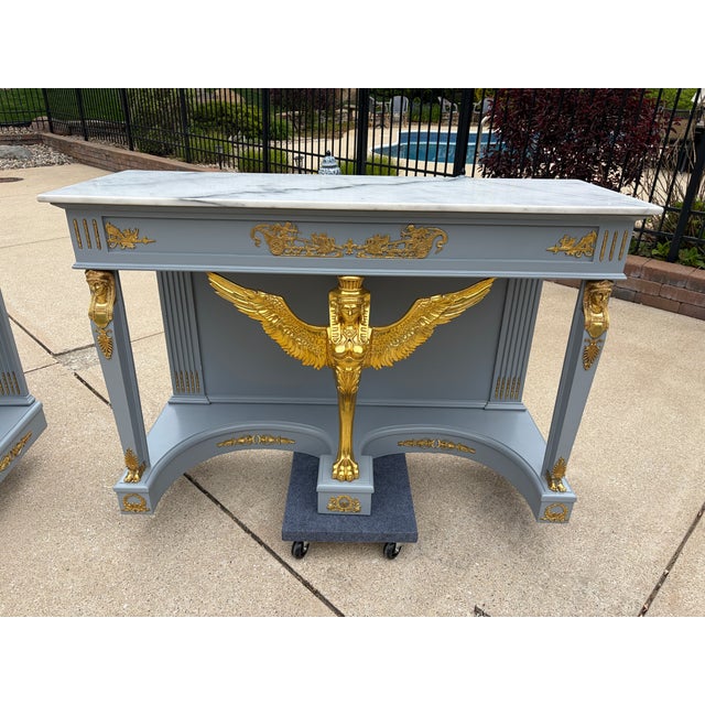 A Pair of Empire Revival Consoles With Gilded Sphinxes and Marble Tops For Sale - Image 11 of 17