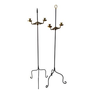 Wrought Iron & Brass Mismatched Floor Standing Candelabra a Pair For Sale