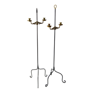 Wrought Iron & Brass Mismatched Floor Standing Candelabra a Pair