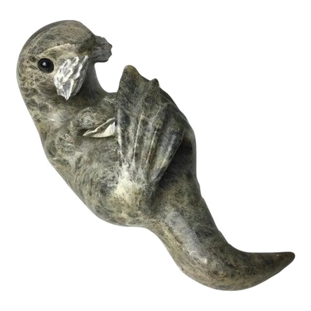 1960s Inuit Stone Carving of a Seal With Shell Signed Drake For Sale