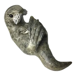 1960s Inuit Stone Carving of a Seal With Shell Signed Drake