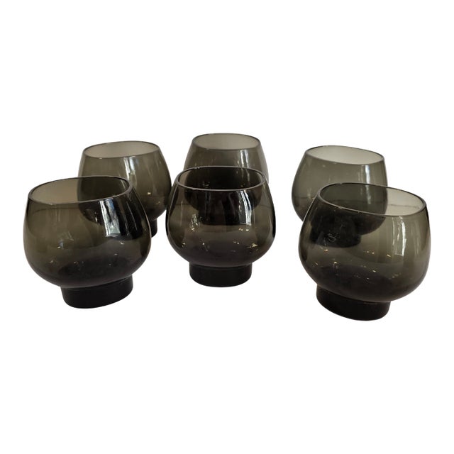 Mid 20th Century Holmegaard Per Lütken Smoky Lowball Tumblers With Ribbed Pedestal – Set of 6, Mid-Century Danis For Sale