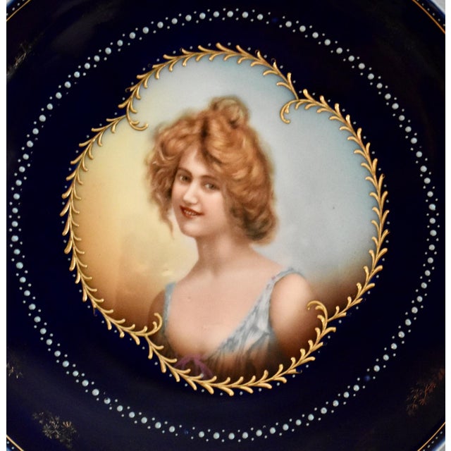 Victorian Antique Vienna Style Cobalt Blue Porcelain Cabinet Portrait Plate Hand Painted For Sale - Image 3 of 13