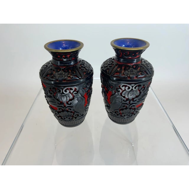 Pair of Miniature Black and Red Cinnabar Vases For Sale - Image 4 of 11