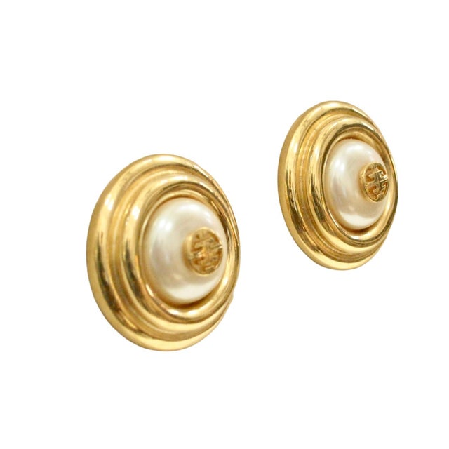 Classic Givenchy vintage 1980s "Casnel" inspired gold-plated glass pearl clip--back earrings Signed, 3 locations on...