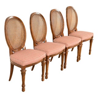 Drexel French Regency Louis XVI Carved Walnut Cane Back Dining Chairs | Set of Four For Sale