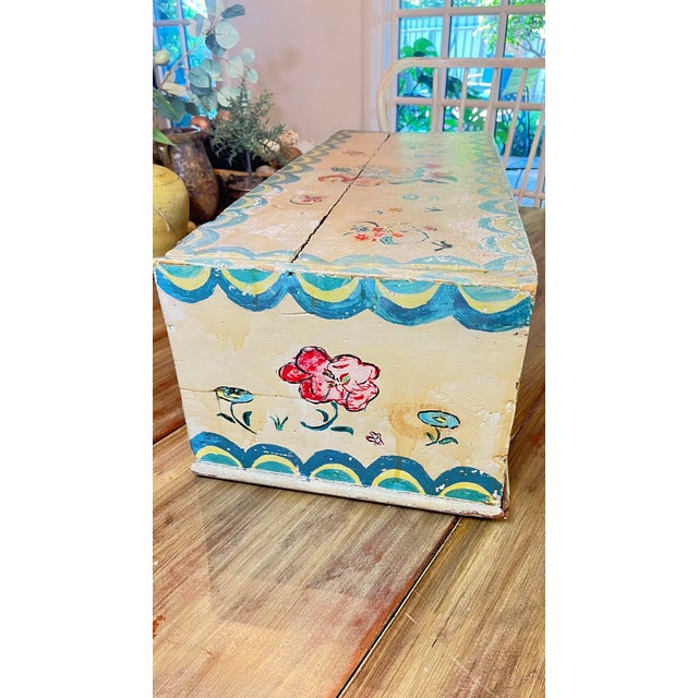 Beige Rare Vintage Hand-Painted Wooden Folk Art Lift-Top Chest Trunk For Sale - Image 8 of 12