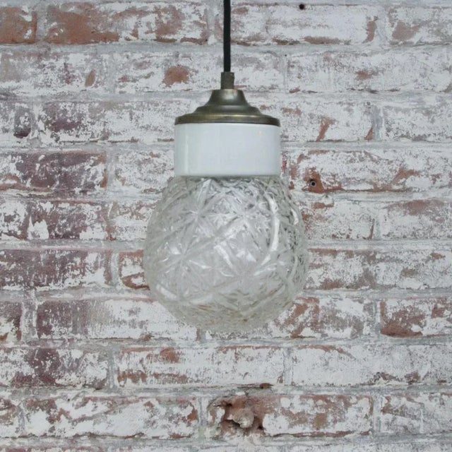 Vintage Industrial White Porcelain, Clear Glass & Brass Pendant Light For Sale - Image 6 of 7