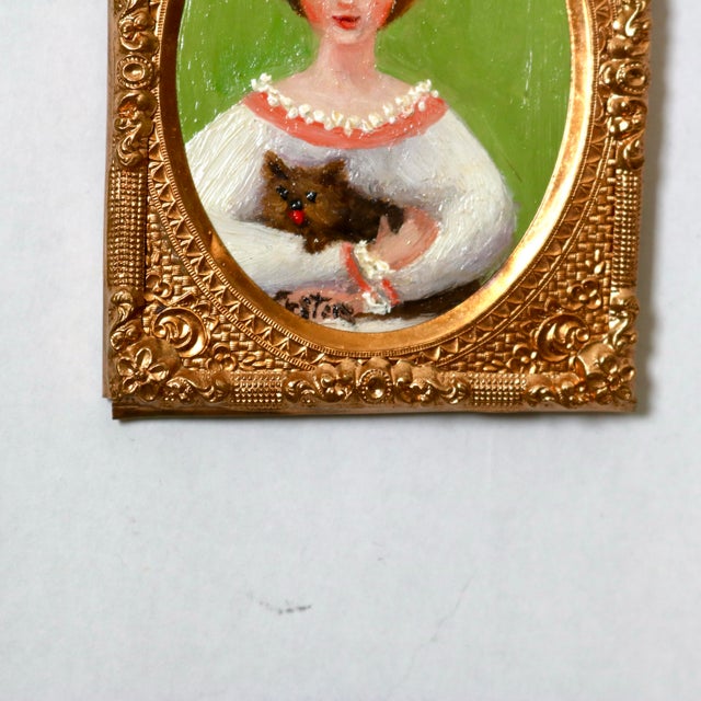 Mid-Century Miniature Portrait of Young Woman With Dog Signed Austin in Pressed Filagree Metal Frame For Sale - Image 4 of 11