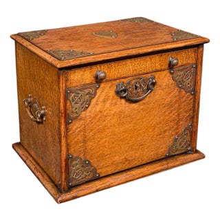 Antique Stationery Box, English, Golden Oak, Fall Front Desk Tidy, Edwardian For Sale