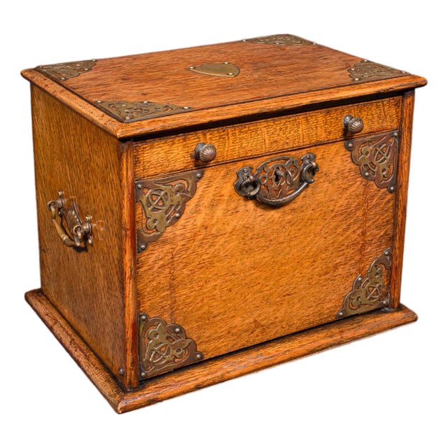 Antique Stationery Box, English, Golden Oak, Fall Front Desk Tidy, Edwardian For Sale