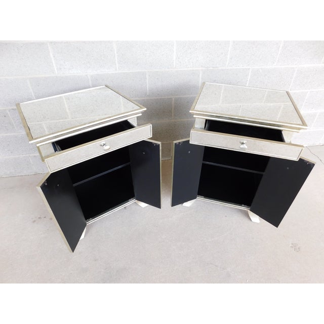 Hollywood Regency Silver With Mirrored Paneling Nightstands - A Pair For Sale - Image 12 of 17