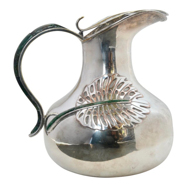 Los Castillo Silverplate Malachite Leaf Pitcher 1960s For Sale