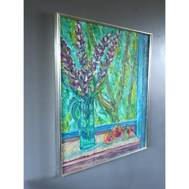 Mid-Century Modern 'Lavender & Fruit' Original Swedish Expressive Interior Still Life Oil Painting, Framed For Sale - Image 4 of 12