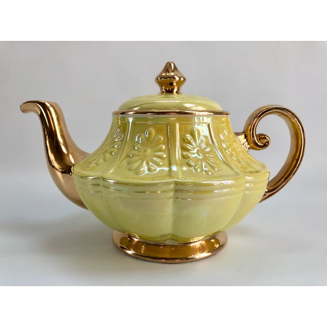 Vintage English Ellgreave Iridescent Yellow & 22k Gold Teapot | Chairish
