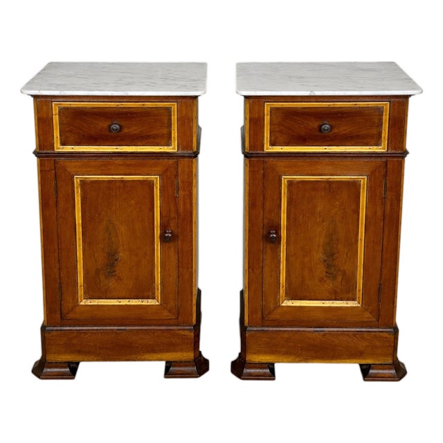 Spanish Wooden Nightstands with Marble Tops, 1930s, Set of 2 For Sale