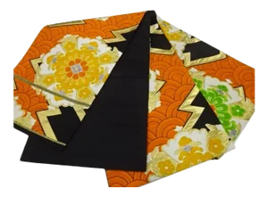 1950s Midcentury 50s Japanese Silk Obi Handmade Black Red Yellow Green Orange Flower Crest