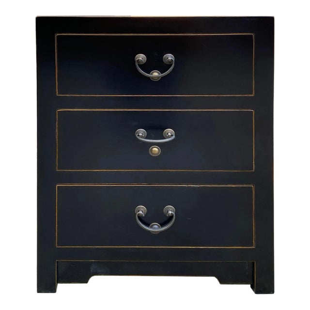 Distressed Black 3 Drawers Asian Style Nightstand For Sale
