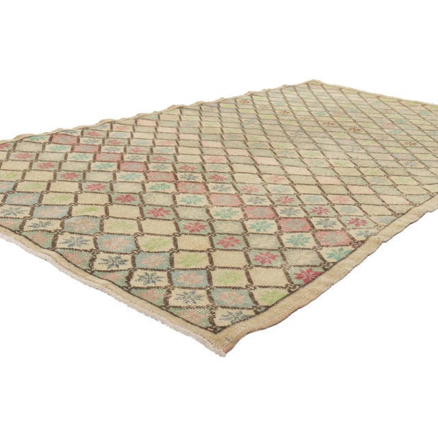 51003 Distressed Vintage Turkish Sivas Rug, 04'00 X 07'07. Vintage charm meets rustic elegance in this hand kotted...