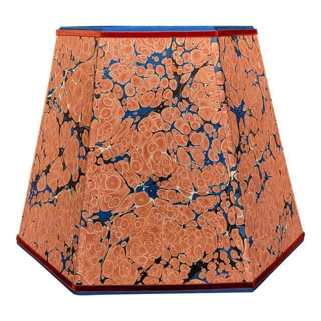 Large Marbled Paper Lampshade Burnt Orange Blue Cream Black Rust Hexagon For Sale