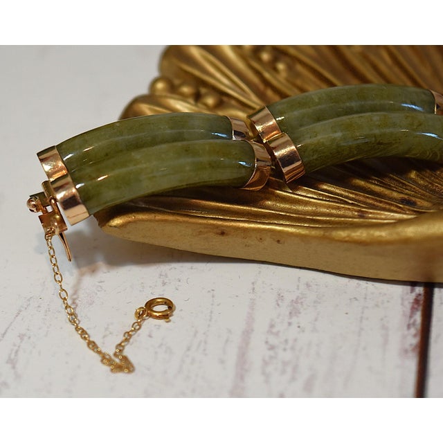 Late 20th Century 14k Gold Green Jade Link Bracelet Good Fortune 7 1/8" Long For Sale - Image 11 of 18