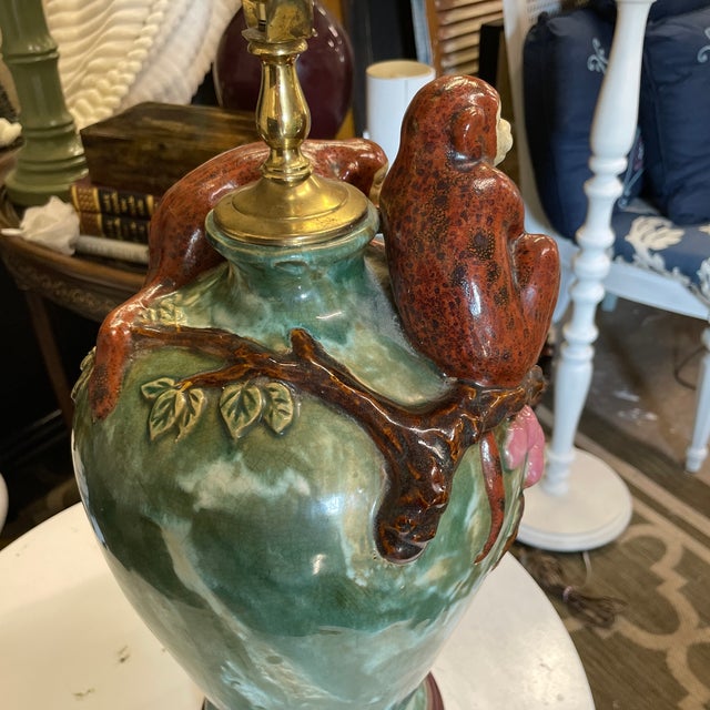 Ceramic Vintage Majolica Style Two Monkeys Table Lamp For Sale - Image 7 of 12