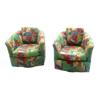Vintage Post-Modern Hot Air Balloon Fully Upholstered Swivel Chairs in the Manner of Vladimir Kagan - a Pair For Sale