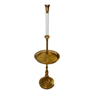 Vintage Mid-Century Torchiere Floor Lamp Gallery Edge Center Round Brass Tray Table For Sale