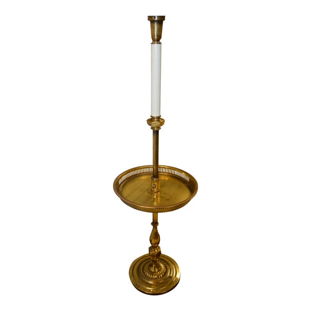 Vintage Mid-Century Torchiere Floor Lamp Gallery Edge Center Round Brass Tray Table For Sale
