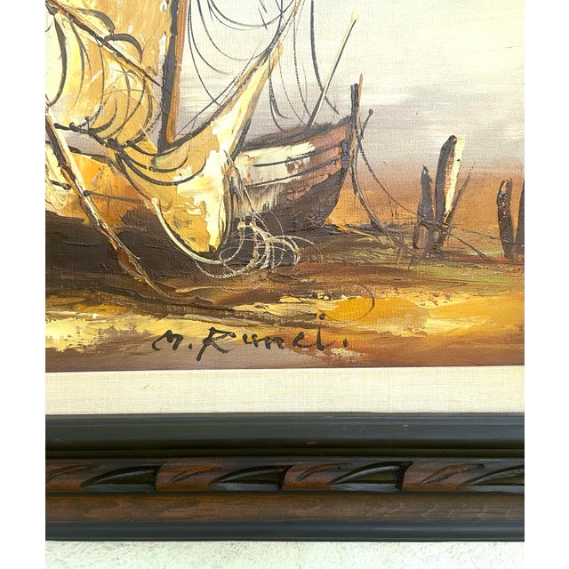 Mid-Century Modern Large Nautical "Ships in Harbor" Oil Painting by M. Runci For Sale - Image 3 of 12