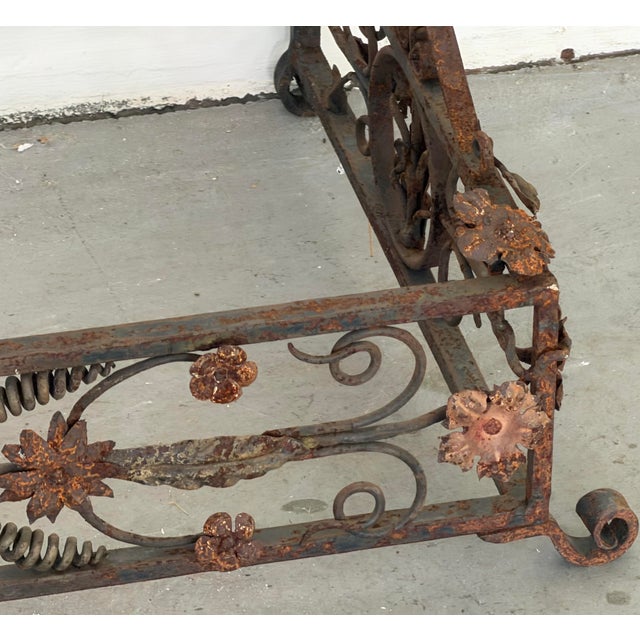 Antique Italian Hand-Forged Wrought Iron Fireplace Fender, 58” Wide, Floral Scroll & Fleur-De-Lis Architectural Hearth Guard For Sale - Image 9 of 12