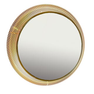 Large Round Illuminated Wire Mesh and Crystal Glass Mirror from Vereinigte Werkstätten München, Germany, 1950s For Sale