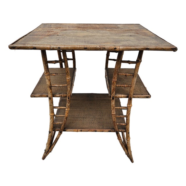 Weathered Burnt Bamboo Reed Side Table Plant Stand For Sale