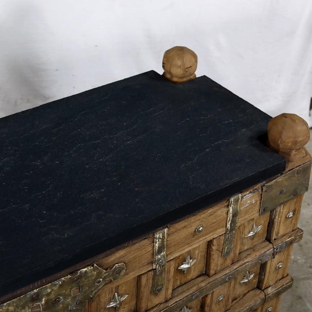 Indian Antique Indian Teakwood and Brass Damachiya, 38″h (With Finials) X54x19 For Sale - Image 3 of 6