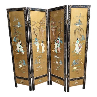 Asian Colored Stone Mounted, Lacquered and Decorated 4-Panel Floor Screen For Sale