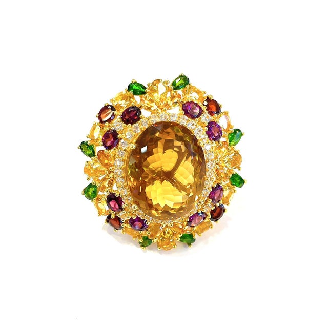Baroque Bochic Vintage 7ct Lemon Citrine Multi-Gem & Diamond Cocktail Ring in 18K Gold For Sale - Image 3 of 9