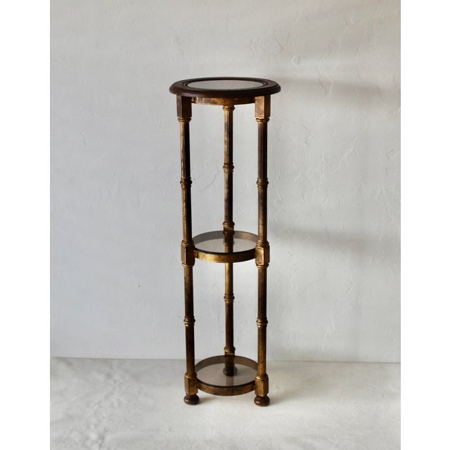 Wood Maitland Smith Style Vintage Hollywood Regency Gilded Metal Wood Smoked Glass Three Tiered Plant Stand For Sale - Image 7 of 11