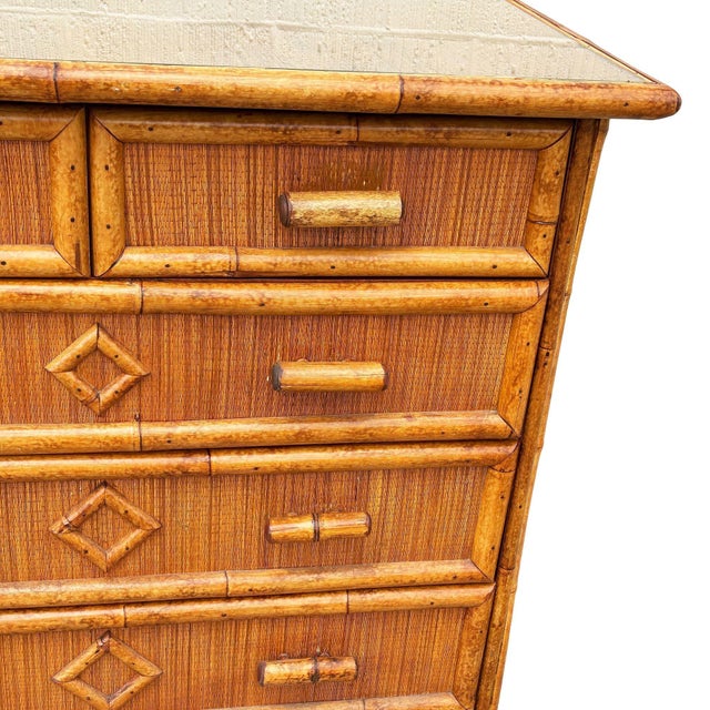 Brown 1900-1909 Aesthetic Movement Tortoise Bamboo & Grassmat 5 Drawer Tallboy Dresser For Sale - Image 8 of 10