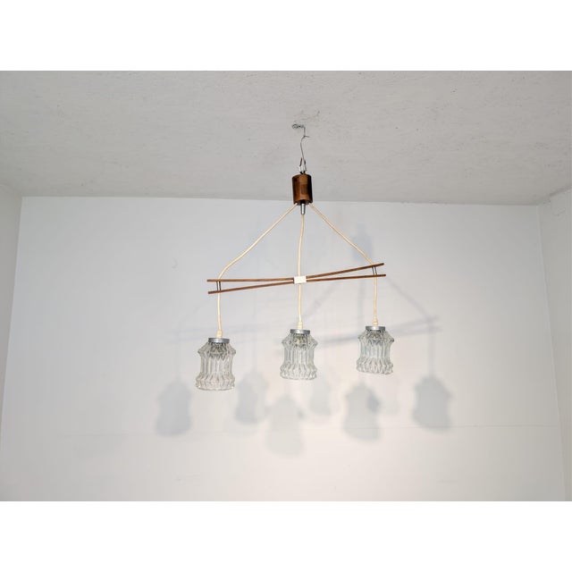 Glass Teak Pendant with Ribbed Glass Shades, 1960s For Sale - Image 7 of 14