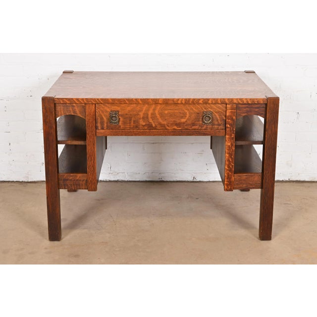 Mission Antique Lifetime Furniture Mission Oak Arts & Crafts Desk With Built-In Bookcases, Circa 1900 For Sale - Image 3 of 12