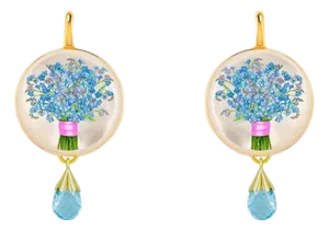 Blue Flowers Painted Mother of Pearl Earrings With Topaz Briolette, A Pair