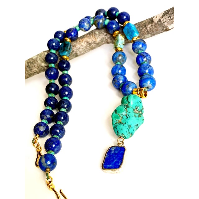 Metal One-of-a-Kind Lapis Lazuli & Turquoise Statement Necklace | Vintage Turquoise Pendant | Artisan Bohemian Luxury Jewelry For Sale - Image 7 of 17