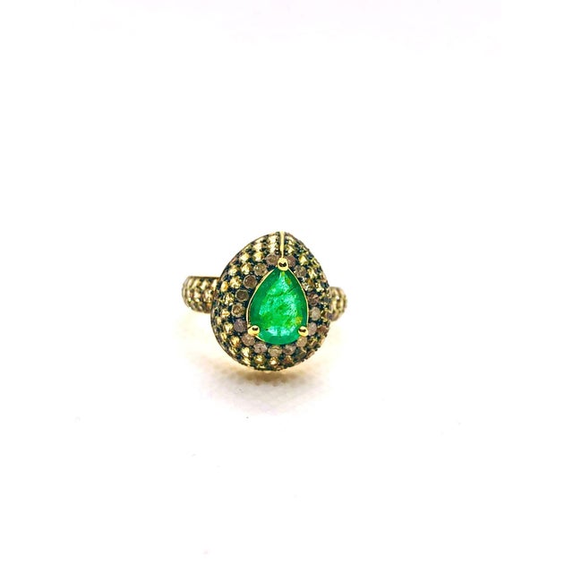 Emerald Bochic "Orient" Vintage Emerald & Fancy Yellow Sapphire Ring Set In 18K Gold & Silver, Size 6.5 For Sale - Image 8 of 18