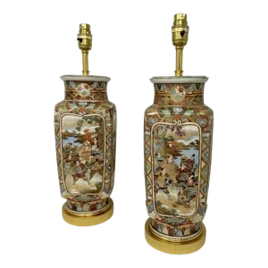 Antique Pair Japanese Satsuma Table Lamps Vases Urns Meiji Period 1868-1912