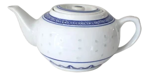 Vintage Mid-Century Chinese Rice Grain Blue and White Teapot With Lid