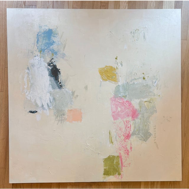 Acrylic and mixed media collage on canvas, edges painted white, back wired, ready to hang.