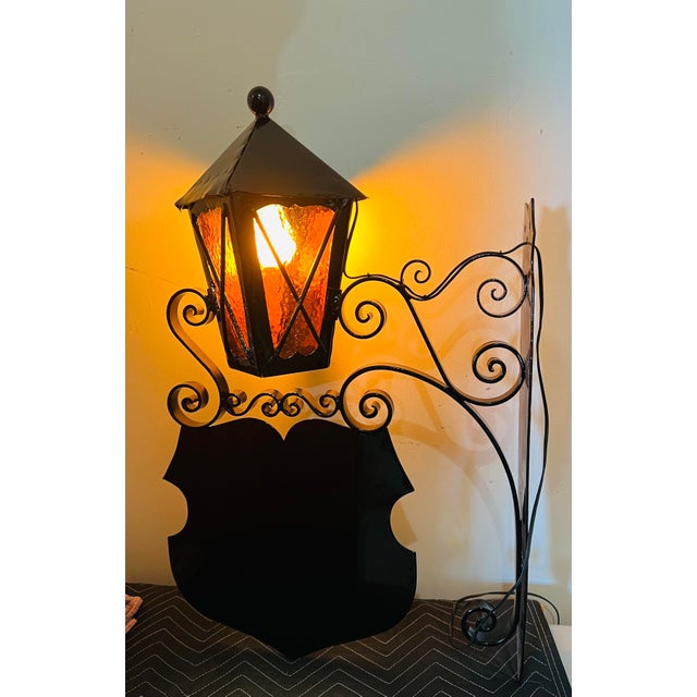 Metal Heavy Antique Oudoor Wall Mounted Light Fixture With Glass Panels and Sign For Sale - Image 7 of 8