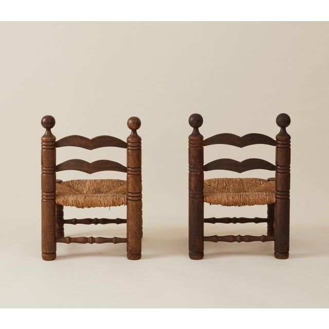 Charles Dudouyt 1960s Charles Dudouyt Brutalist Low Fireside Chairs, Oak and Rush, a Pair For Sale - Image 4 of 9